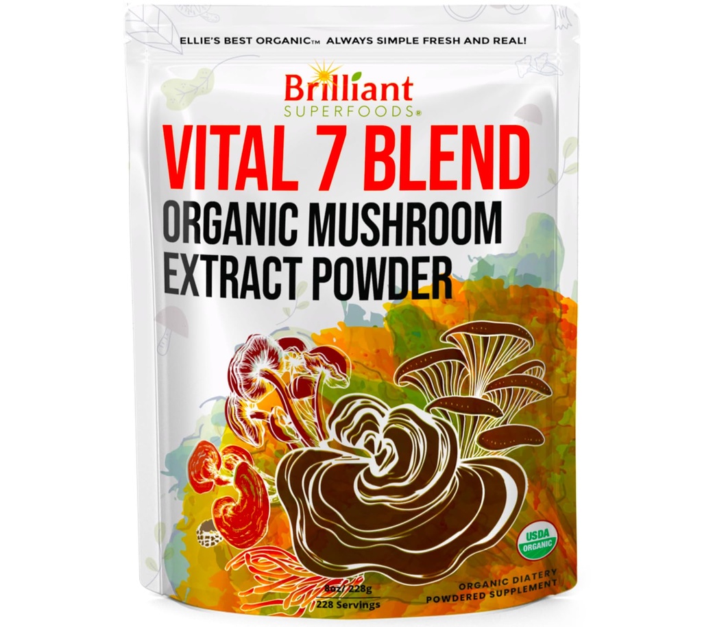 Le meilleur mélange biologique d'extrait de poudre de champignons 7 d'Ellie - Reishi, Lion's Mane, Chaga, Turkey Tail, Cordyceps, Maitake & Shiitake - Double extrait - Pure No Fillers - 8oz / 228 1g Portions......