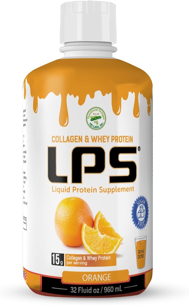 LPS Collagène liquide et supplément de protéines de lactosérum - sans sucre, sans colorant, boisson non-OGM - collagène hydrolysé et peptides de lactosérum favorise une peau et des cheveux sains pour les hommes et les femmes, orange, 32 fl oz