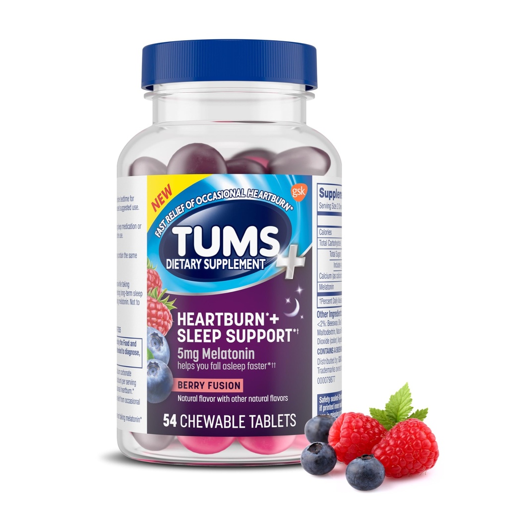 TUMS Heartburn Plus Slaapondersteuning Kauwbare Dieetsupplement Tablets voor Occasional Heartburn Relief Plus Slaapondersteuning, Berry Fusion - 54 Tellen