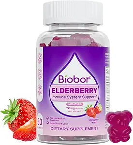 Natuurlijke Vlierbes Gummies, Dagelijks Immune Ondersteuning Gummies met Vitaminen C voor volwassenen en kinderen leeftijden 4 Up, Gluten Gratis Vegan Vlierbes Supplement (Strawberry, 60 Telling)