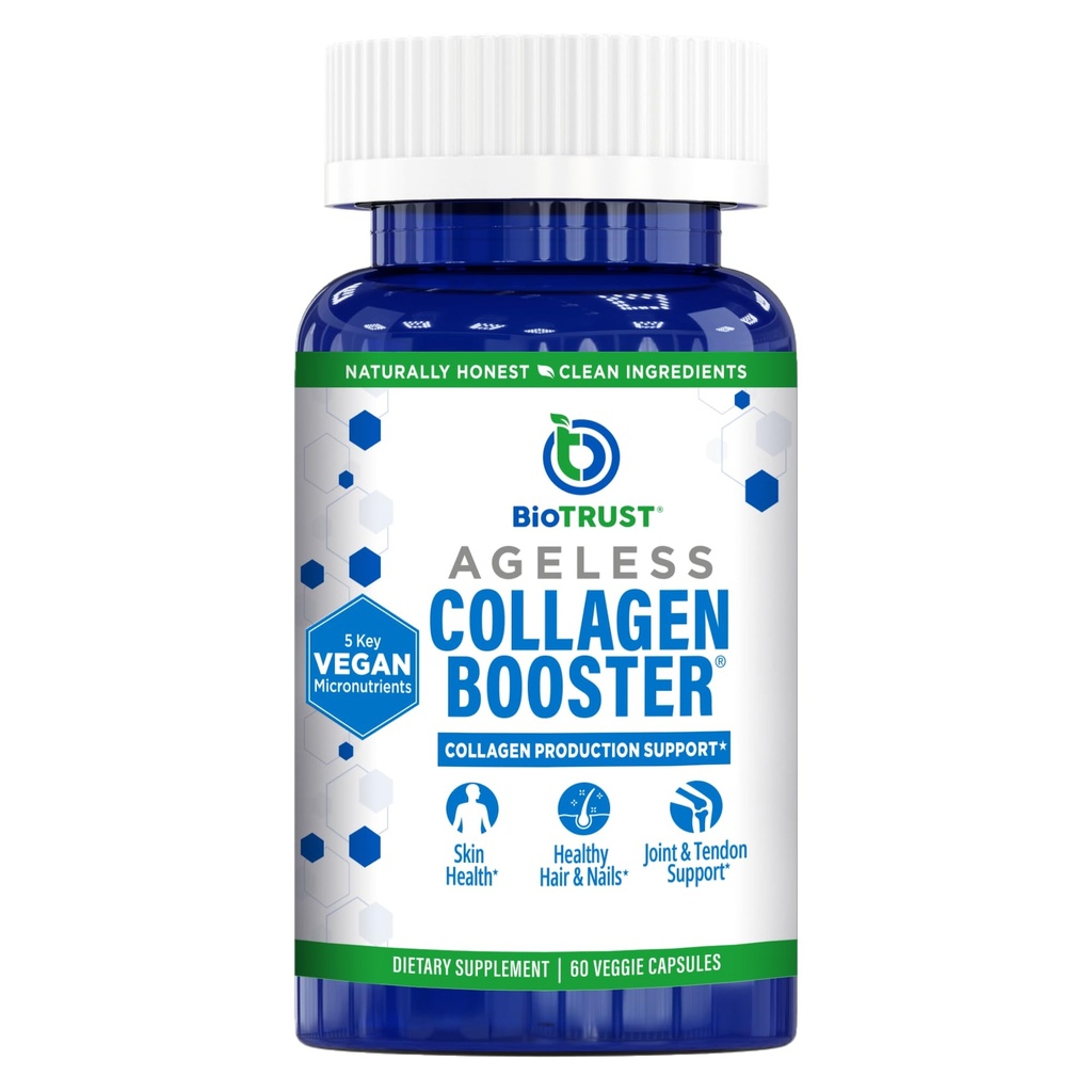 BioTrust Ageless Collageen Booster, krachtige ondersteuning schoonheid van binnenuit, Vegan Collageen Builder voor stralende huid, prachtig haar, mooie nagels, gezonde gewrichten, 60 capsules (30 porties)