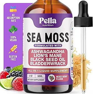 Sea Moss and Ashwagandha Liquid Supplement - Infused with Lion's Mane, Black Seed Oil, and Bladderwrack - Vegan, Easy-to-Mix Formula - Supports Antioxidant Activity & Immune Health (Mixed Berry, 60mL)