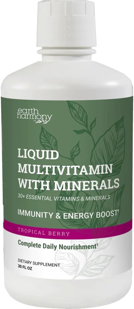 Earth Harmony Liquid Multivitamines for Women & Men (Tropical Berry Flavor) - 30+ Liquid Vitamins, Minerals & Organic Antioxidant Blend - Morning Multivitamine for Immune Support and Energy - 32 Fl Oz