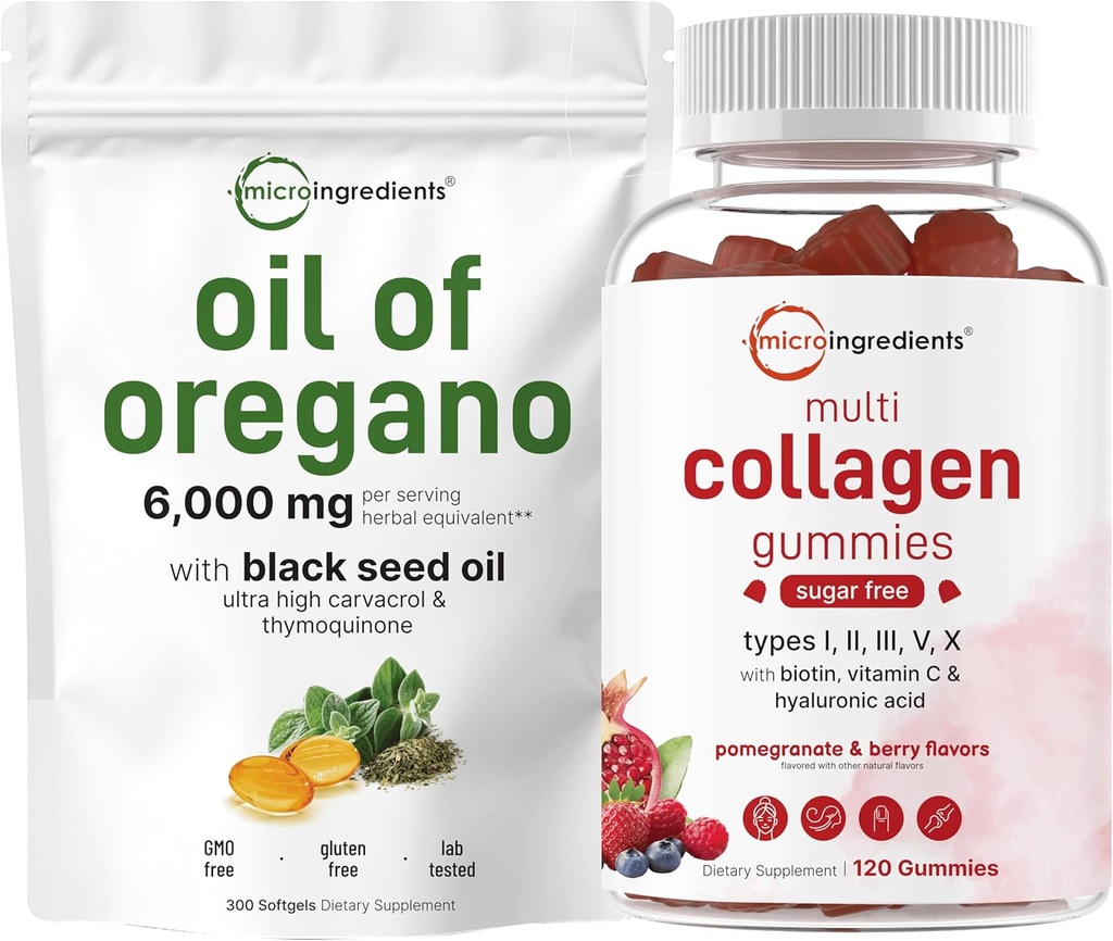 Micro Ingrediënten Olie van Oregano Softgels 6.000 mg Per Serving & Multi Collageen Peptides Gummies Bundle Pack 