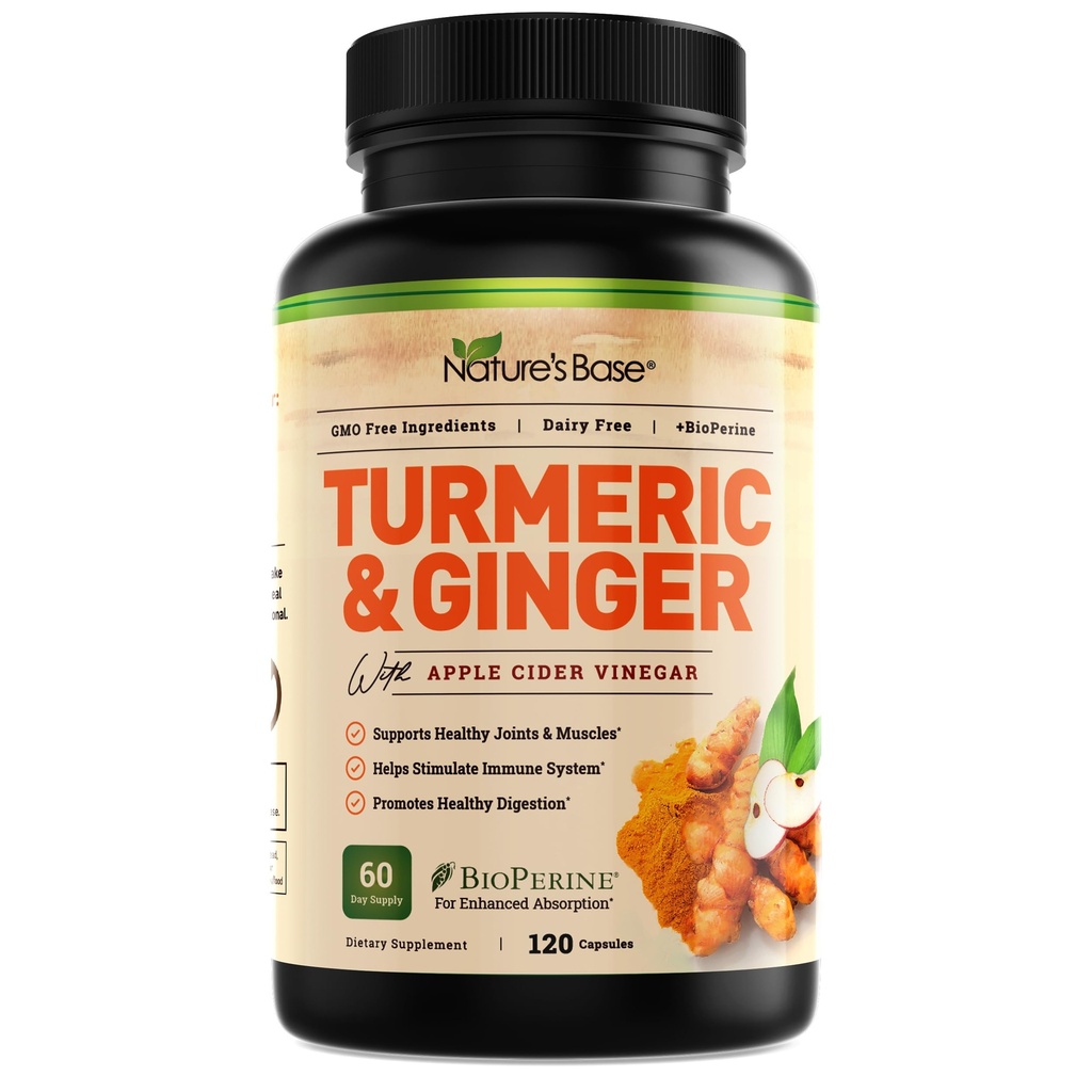 Nature's Base Turmeric and Ginger Supplement - met Curcumin, Apple Cider Vinegar & BioPerine Black Pepper Extract - 95% Curcuminoids - 120 Capsules