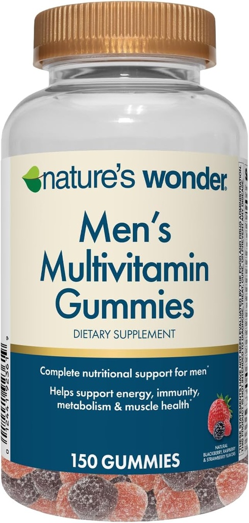 Natuur Wonder Mannen Multivitamine Gummies, Ondersteunt Immune Gezondheid, Energie, Metabolisme en Spieren met Vitaminen A,C,D,B6,B12, 150 Mannen Dagelijks Multivitamine Gummies, 75 Dagen Levering