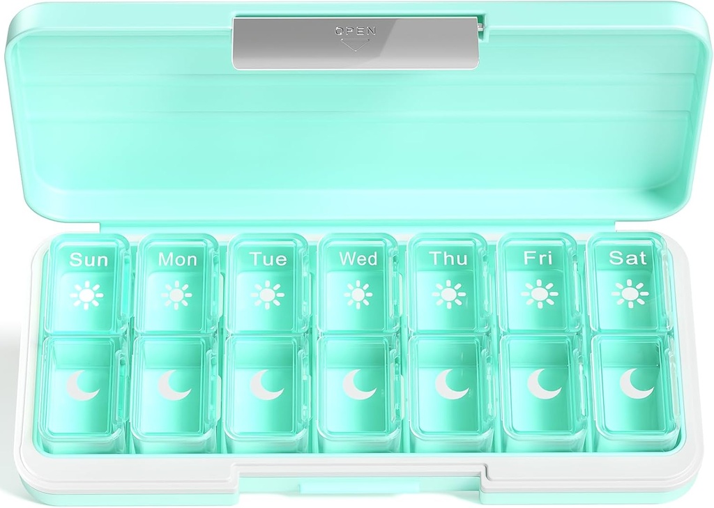 Zoksi Am Pm Pill Organizer 7 Dag, Weekly Pill Box 2 Times a Day, Medicine Pill Organizer met aparte compartiment, Travel Pill Case Dispenser Portable voor vitaminen, visolie, geneesmiddelen(Groen)
