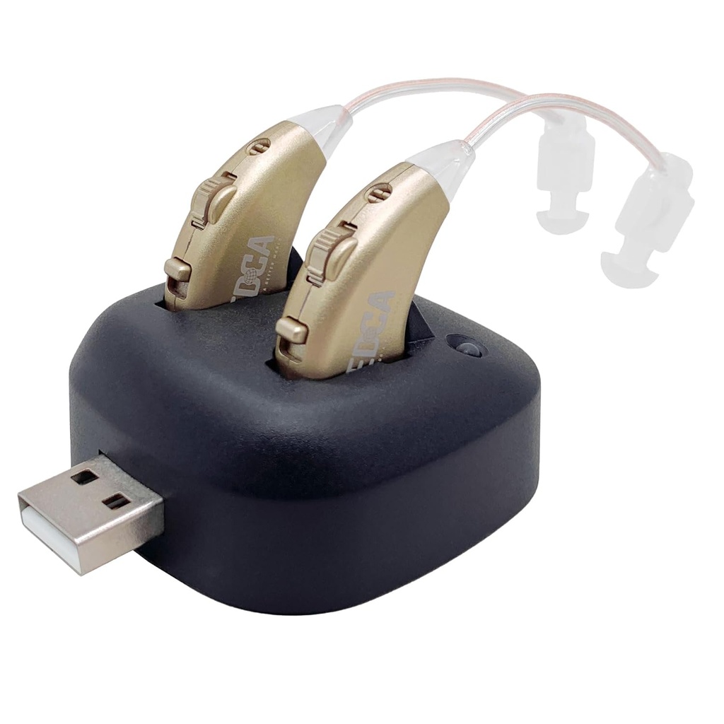 Digitale gehoorversterkers - oplaadbare BTE persoonlijke geluidsversterker Pair met USB Dock - Premium Gold Behind The Ear Sound Amplification - door NewEar