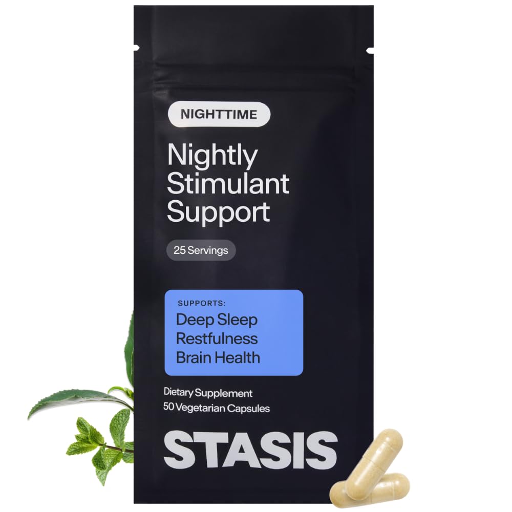 Stasis Nighttime - Kalm en slaapcapsules aan Paar met Stimulant - Skullcap, Magnolia Brok, Magnesium voor Slaap, en Astaxanthine Supplementen voor Ontspanning en Mood Ondersteuning - 25 Servingen