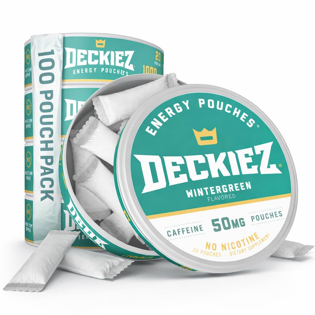 Deckiez energie zakjes, 5 blikjes (100 zakjes), suikervrije cafeïne supplement, koffie zakjes & energie drank alternatief, 50 mg cafeïne zakjes, wintergroene smaak