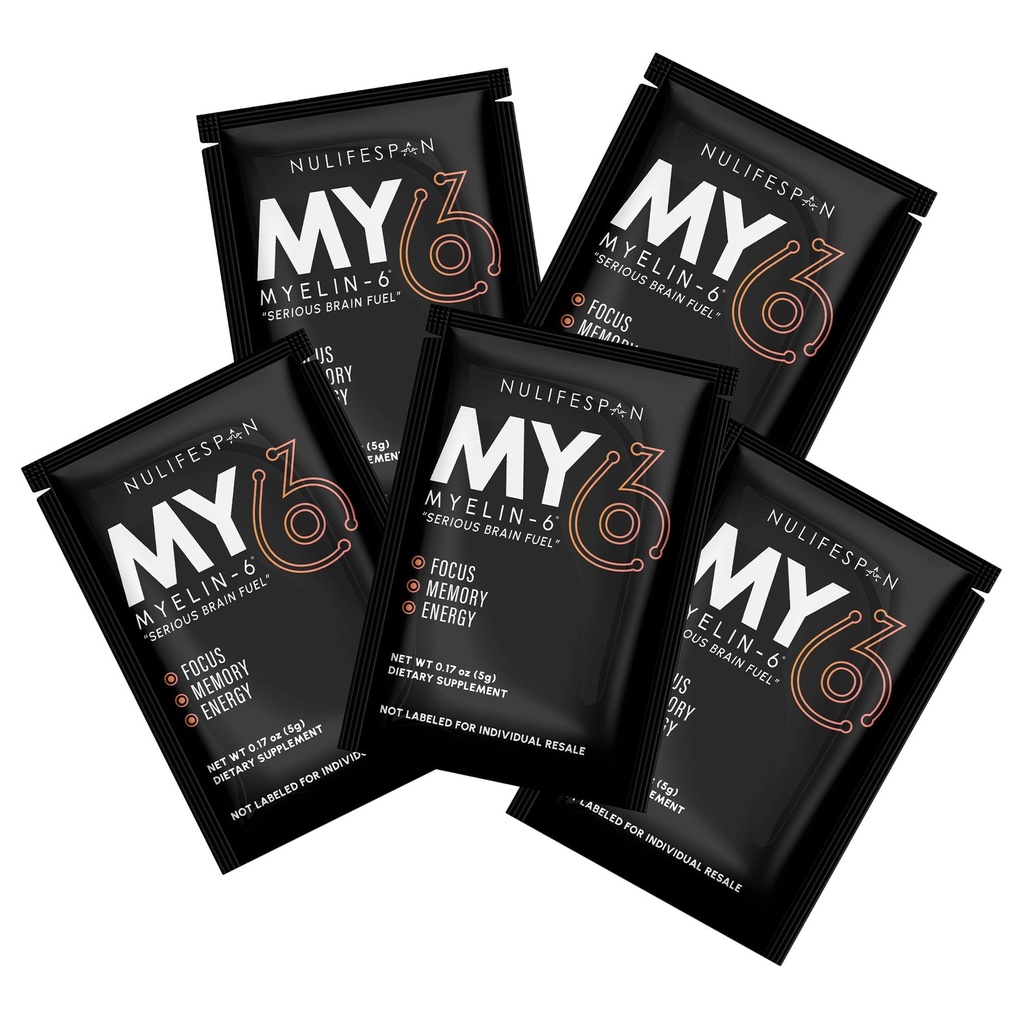 Myelin-6, Sampler Pack, 5 packs à portion unique, Supplément Focus et Santé du cerveau avec support AlphaSize, Mémoire et Fonction cognitive, Orange Tangerine Flavor, Sans gluten, Non-OGM