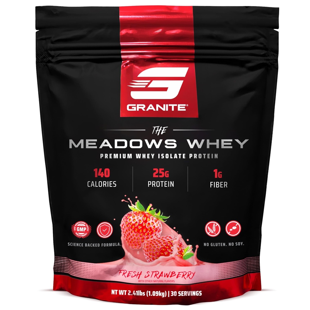 Graniet Supplementen De Meadows Wei Protein Isolaat Proteïne Poeder voor Lean Muscle met 150 Calorieën, 2g Vezel, 1g Suiker (30 Servers), Verse Aardbei Smaak