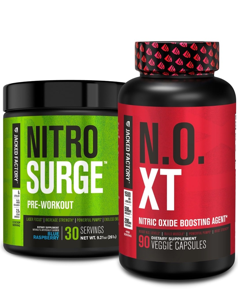 Usine Jacked Nitrosurge Pré-entraînement en framboise bleue & N.O. XT Booster d'oxyde nitrique pour les hommes et les femmes