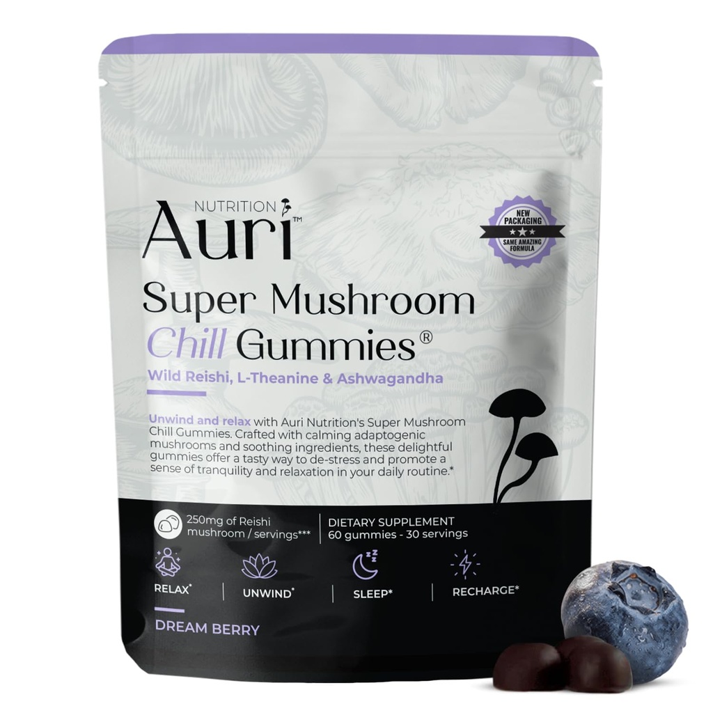 Auri Super Mushroom Chill Gummies - Natural Calming Aid & Stress Reduction Supplement voor volwassenen w / Reishi Mushroom, Ashwagandha, L-Theanine - Ontspannen Mind & Harmonise Your Day - 60 Calm Gummies