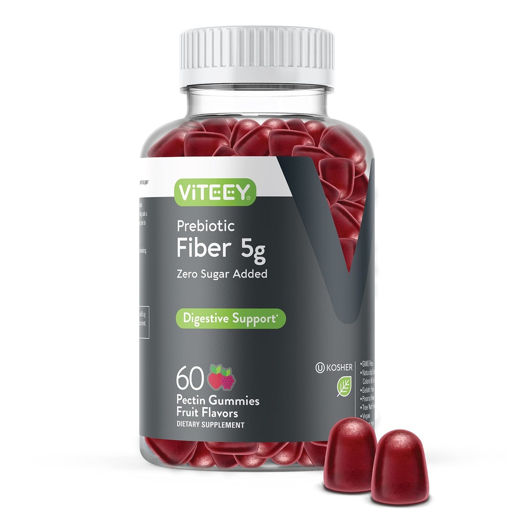 Viteey Prebiotic Fiber Gummies voor volwassenen, 5g - Gut Health & Digestief Oplosbaar vezelsupplement Gummies - Zero Sugar Added, Vegan, Gluten-Free - 60 Tel.