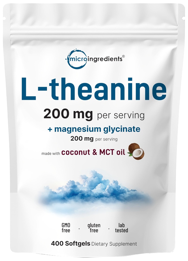 L-Theanine 200mg met Magnesium Glycinate, 400 Kokos MCT olie Softgels . . Ontspanning, Focus & Muscle Support Supplement 2 .in-1 Aminozuur & Mineral Complex . .