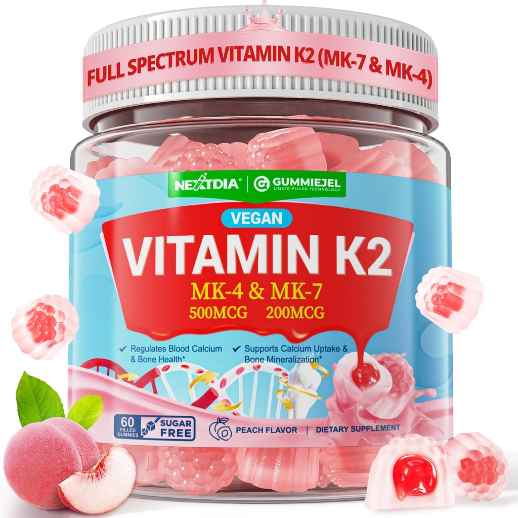 Vitamine K2 Gummies MK-7 200 mcg & MK-4 500 mcg voor vrouwen & mannen suikervrij, perfect 2-IN-1 volledig spectrum vitamine K2 supplement voor bot, He-art, bevordert Calcium Absorptie, Hersenen, Tanden, Immune,1Pack