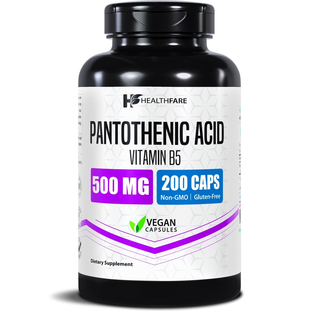Santé Acide pantothénique 500mg Vitamine B5 Supplément de 200 capsules véganes Obtenir une énergie supplémentaire et un soutien au métabolisme Non-OGM, sans gluten Fabriqué aux États-Unis