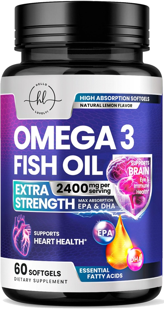 Omega 3 Visolie Supplementen 2400mg - Triple Strength Omega 3 Vetzuren, Natuurlijke Hart Gezondheid Hersenen & Gezamenlijke Ondersteuning - Vetzuren met EPA & DHA - Wild Caught Fish Oil Supplement - 60 Softgels