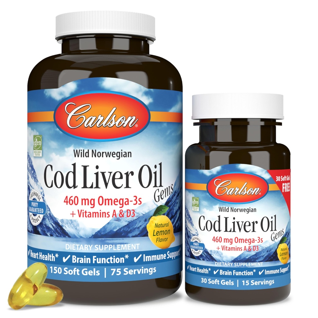 Carlson - Gemmes d'huile de foie de morue, 460 mg Oméga-3s, plus Vitamines A et D3, morue arctique norvégienne capturée sauvage, capsules d'huile de poisson nordique, citron, 150 + 30 Softgels