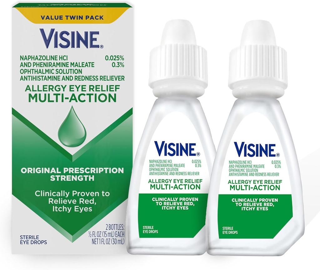 Visine Allergie Eye Relief Multi-Action Antihistamine & Redness Reliever Eye Drops with Pheniramine Maleate & Naphazoline HCl, Eye Drop Treatment for Red, Itchy, Allergie Eyes, 0,5 fl. oz, 2 Pack