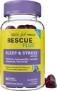 Bach RESCUE PLUS Slaap & Stress Ondersteuning Gummies, Nighttime Dieetsupplement met 1mg Melatonine, Ashwagandha, kamille, Lavendel & Vitamine B6, Natural Blueberry Flavor, Vegan & Glutenvrije, 60 Tellen