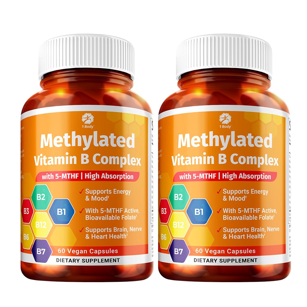 1 Body Vitamin B Complex Twin Pack, 5-MTHF Folate met B1, B2, B5, B6, Methyl B12, Niacin, Biotine 60 Capsules Elk