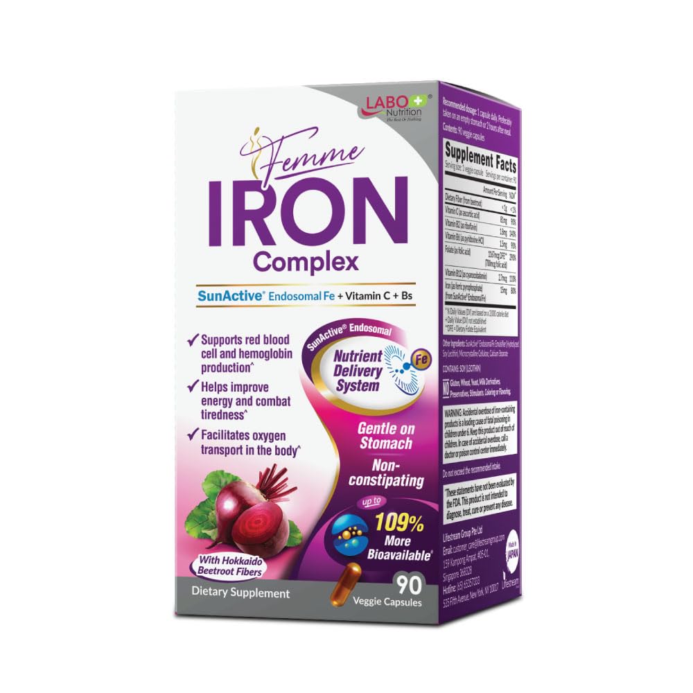 LABO Nutrition Femme Fer Endosomale SoleilActive, Non-irritant 15mg Supplément de fer pour le fabricant de sang, végétalien, doux, sans arrière-goût métallique, non constipant, idéal pour les estomacs sensibles, 90 Compte