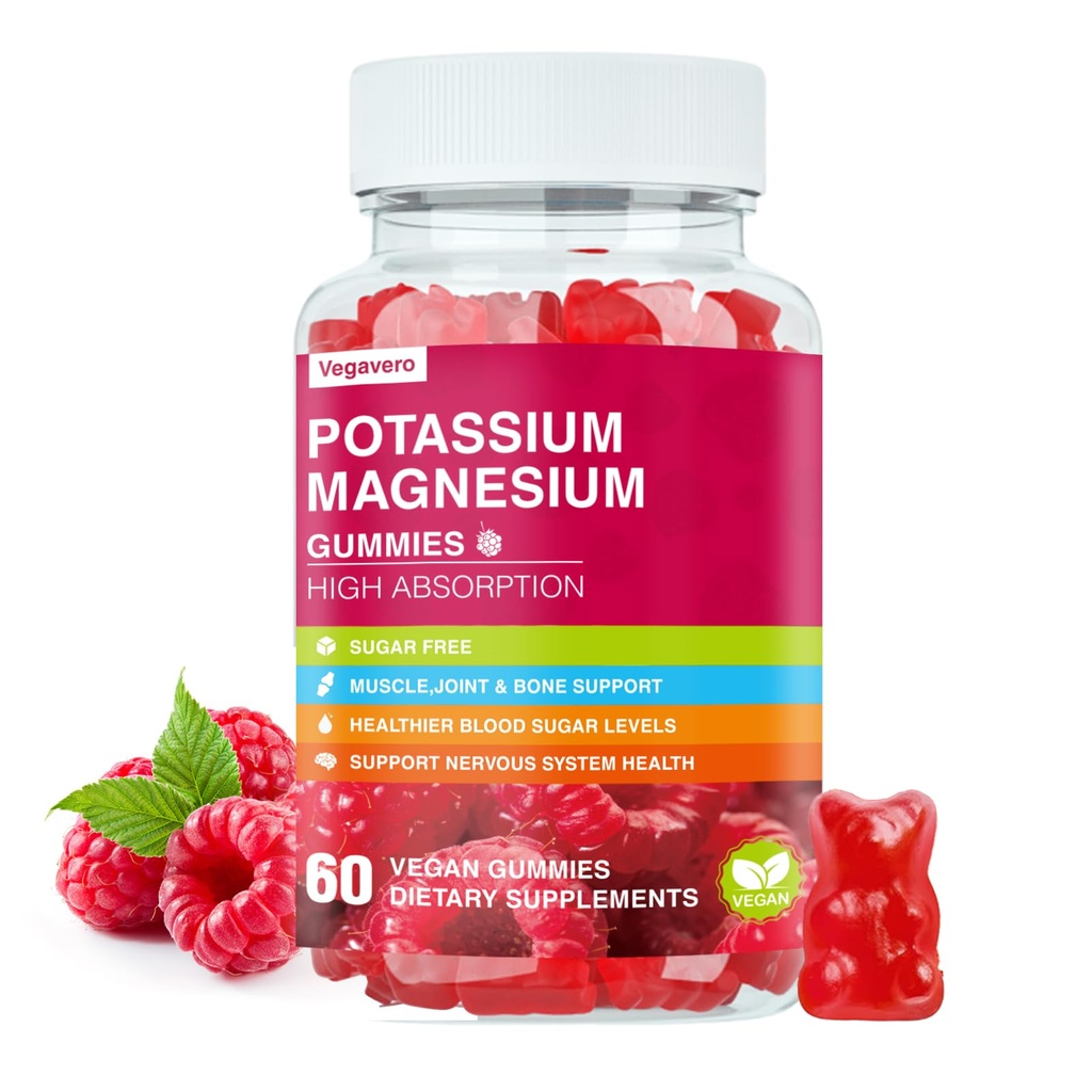 Kalium Magnesium Gummies - Hoge Absorptie Magnesium Glycinate & Kalium citraat Plus Coenzyme Q10, DHA, D3, Mineral & Calcium voor Zzz, Leg Cramps & Muscle - 60 Raspberry Gummies
