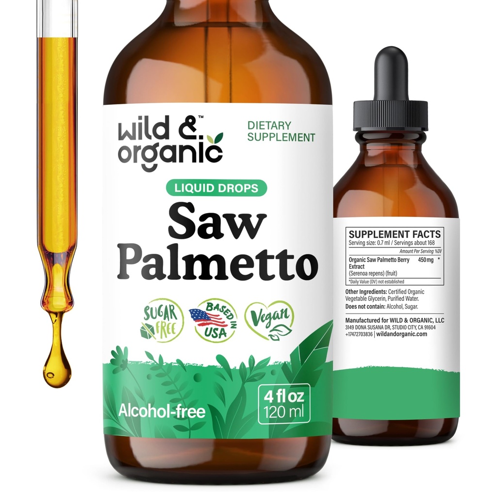Teinture de Palmetto de scie sauvage et biologique - Supplément d'extrait de Palmetto de scie pour les hommes et les femmes - gouttes à base de poudre liquide - Berries Serenoa Repens - végétalien, sans sucre et sans alcool - 4 fl oz