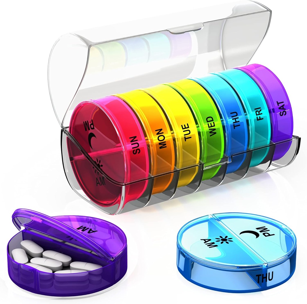 Organisateur hebdomadaire de pilules 2 fois par jour - Grande capacité – Boîte à pilules de voyage 7 jours avec écluse hermétique – Cas de pilule portable pour la chasse – Idéal pour les vitamines, suppléments et pilules d'huile de poisson (Rainbow)