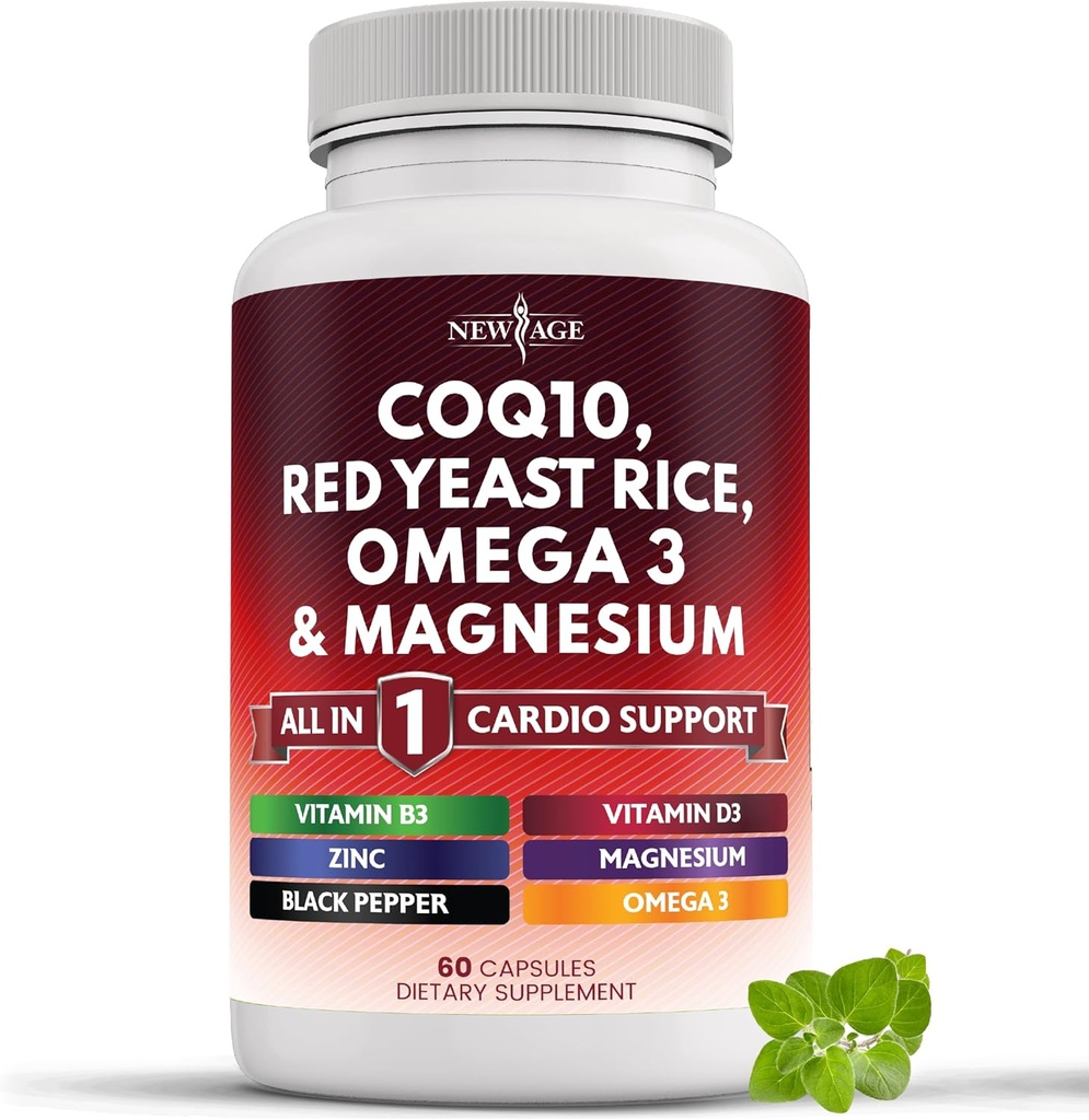 NEW AGE COQ10 200mg Red Gist Rice, Omega 3, Magnesium Complex, Zink Vitamine K2 D3 - Heart Health Ondersteuning Vitaminen voor vrouwen en mannen met vitamine B3, Coenzyme Q10-60 Tel.
