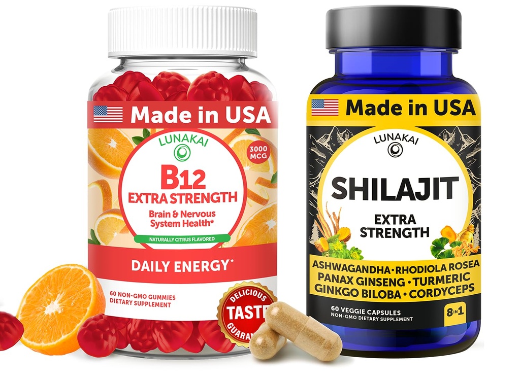 Lunakai USA Made B12 Gummies & Shilajit Capsules Bundle – Extra Strength Daily Energy & Wellness Support