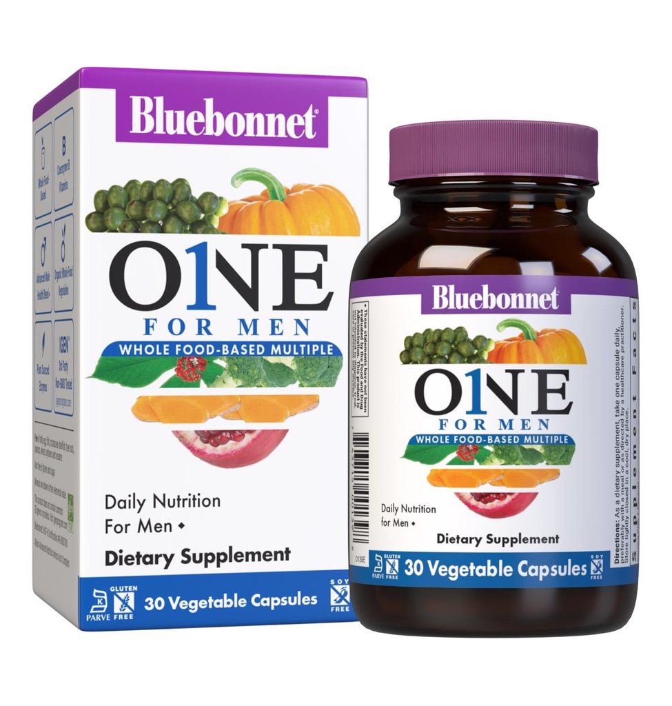 Bluebonnet Nutrition One for Men Multiple, tous les jours, à base d'aliments, non-OGM, Végétarien Friendly, Casher, sans gluten, sans soja, sans lait, sans fer, 30 capsules végétales, 30 portions