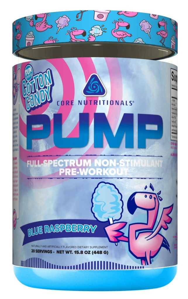 Core Nutritionals Pump Full-Spectrum Non-Stimulant Pre-Workout, met N03T nitraat, Peak02, Alpha GPC, voor maximale pomp, sterkte en prestaties 20 Servers (Fun Sweets Cotton CandyTM Blue Raspberry)