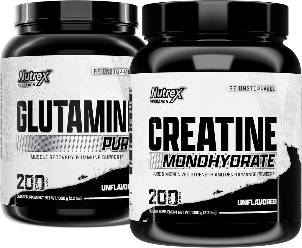 Nutrex Research Creatine Monohydraat Poeder 200 Serv & L Glutamine Poeder 200 Serv bundel