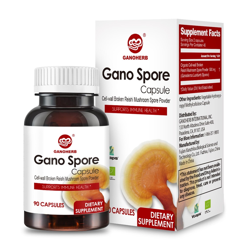 Biologische Reishi Paddestoel Capsules met 100% Ganoderma Lucidum Reishi Spore Powder for Boost Immune System, Vegan, All Natural, Non-GMO & Gluten Free, 60 Veggie Capsules