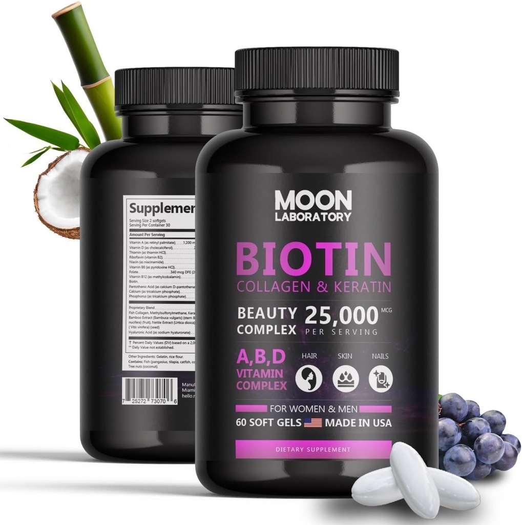 Premium Biotin 5.000 mcg Beauty Complex met Collageen, Keratine, Hyaluronzuur, Vitamine A, D3, B-complex, Calcuim & Coconut Oil. Haargroei, Nagels, huid. Voor mannen en vrouwen. 60 Softgels