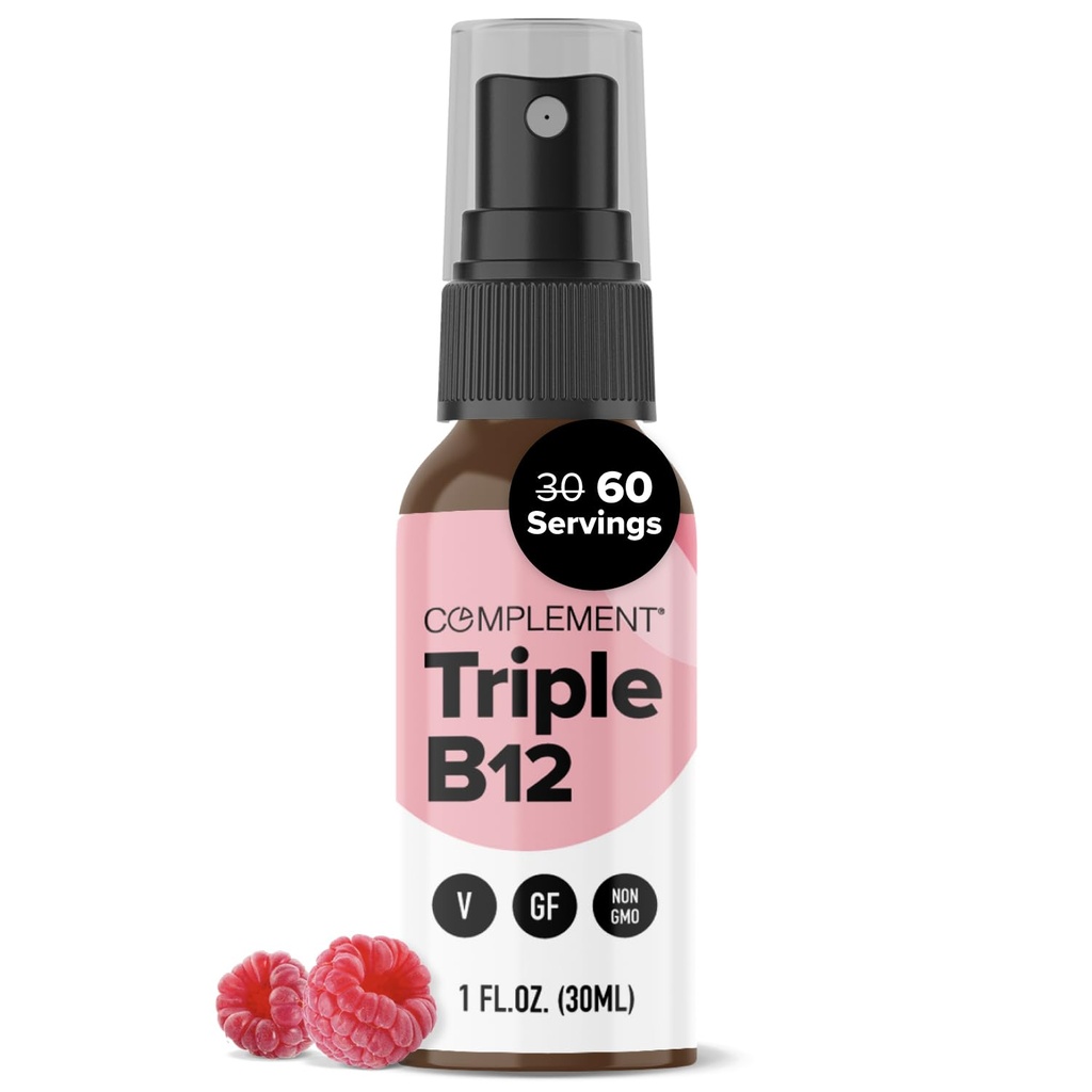 Complément Vitamine végane triple B12 Spray liquide- Mélange de 1500 mcg (60 portions) Arôme framboise- Absorption améliorée, énergie, humeur, système nerveux, fonction cognitive pour les enfants et les adultes