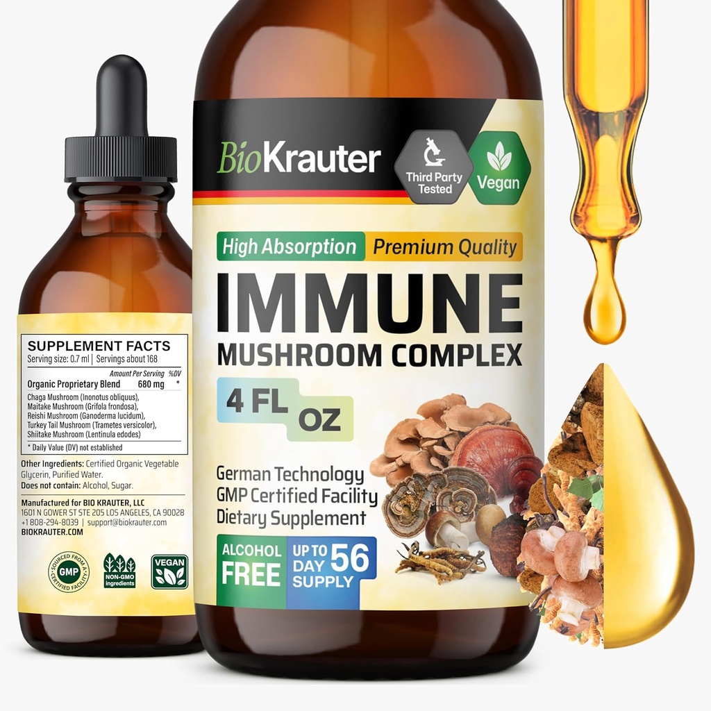 BIO KRAUTER Immune Support Mushroom Supplement - Lions Mane, Shiitake, Turkey Tail, Reishi, Chaga & Maitake Liquid Extract - Mushroom Complex Tinctuur - Vegan Drops 4 Fl.Oz.