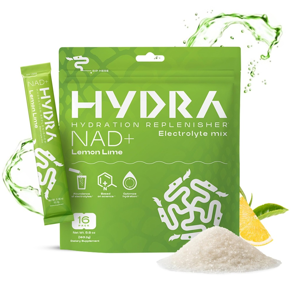 Hydra Poeders NAD+ Voedingsstoffen Electrolyte Powder Packets, Anti Aging Dagelijkse Hydration Packets, Lage Natrium Elektrolyten Poeder, Electrolyte Drink Mix Lage Suiker - 16 Electrolyte Packets Lemon Lime