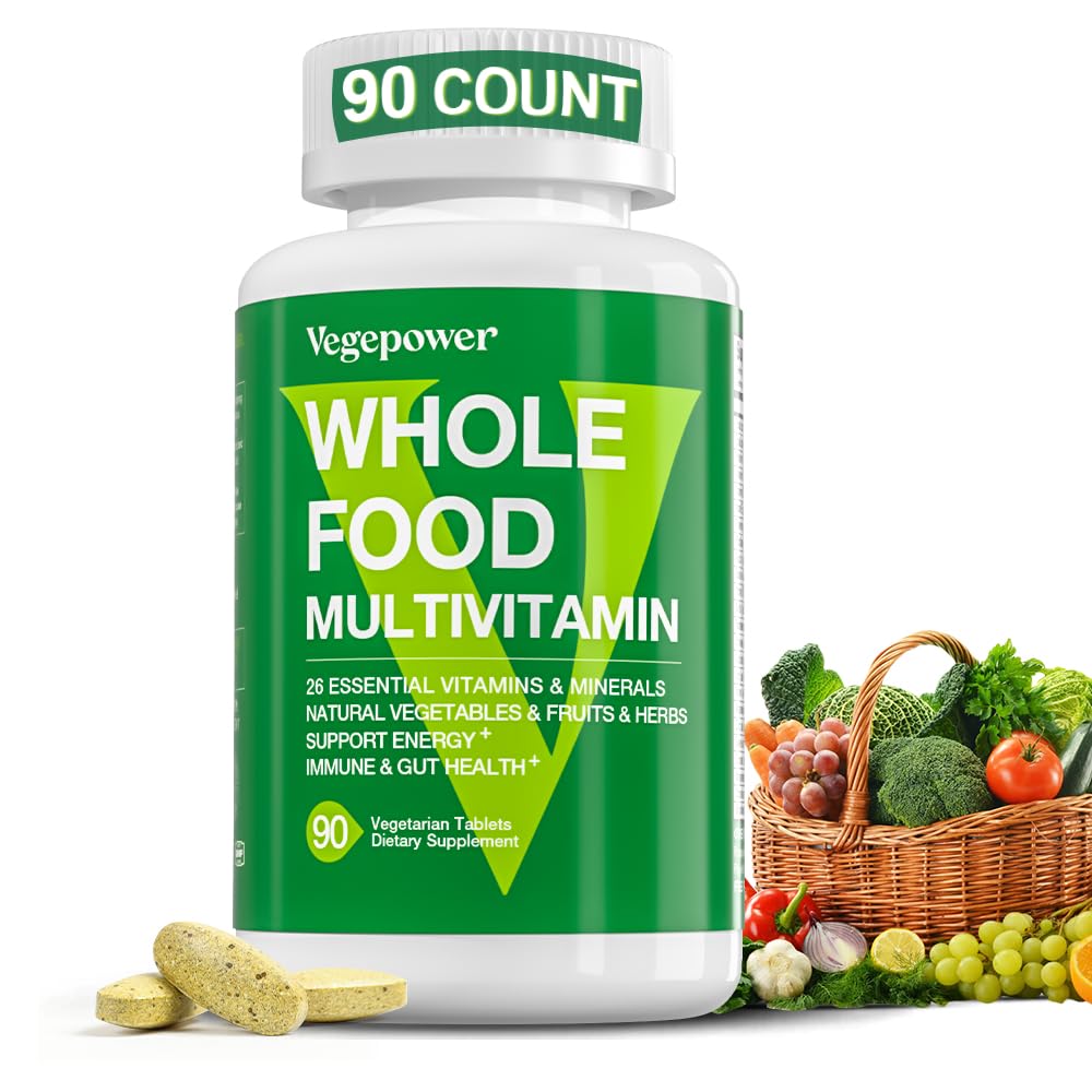 Vegan Whole Food Multivitamine met ijzer, Dagelijkse Multivitamine voor mannen en vrouwen, Gemethyleerde Multi Vitaminen, B-Complex, Fruit en Groenten, Enzymen, Omega's, Mushroom, Non-GMO, 90 Tellen