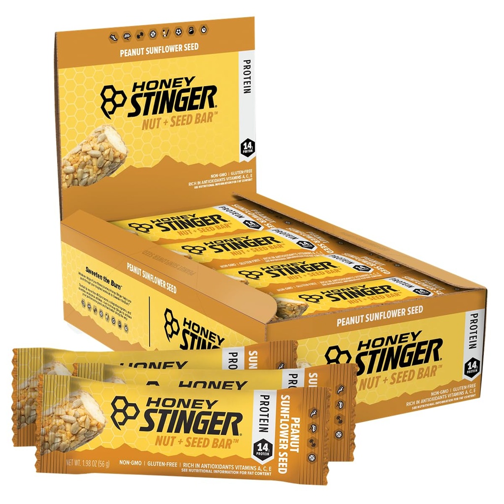 Honey Stinger Nut + Zaad Bar, Pinda Zonnebloemzaad, Proteïne verpakt voedsel voor oefeningen, duurzaamheid, prestaties en herstel, Sport Voeding Snack Bar voor thuis & Gym, Post Workout, Doos van 12