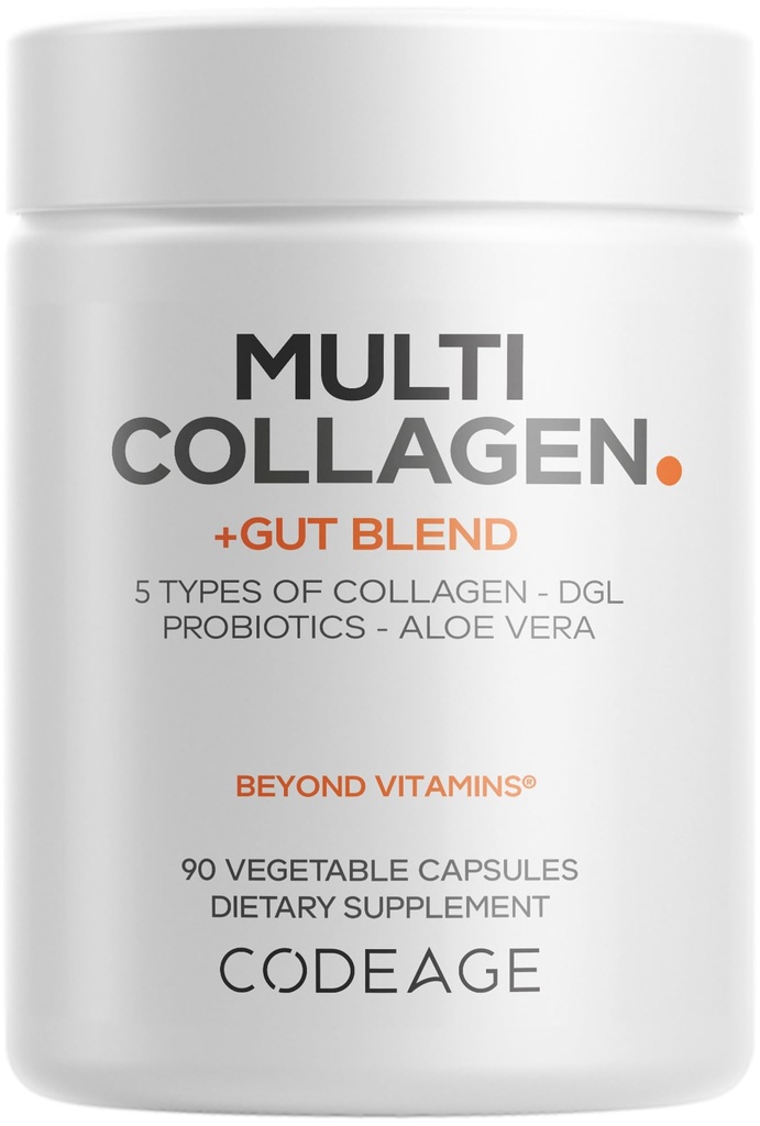 Codeage Multi Collageen + Gut Blend Supplement - Digestieve Probiotica, DGL Licorice, Aloë Vera, Organic Peppermint Leaf, Slippery Elm - Gehydrolyseerde Bovine Collagen Pillen - Non-GMO - 90 Capsules