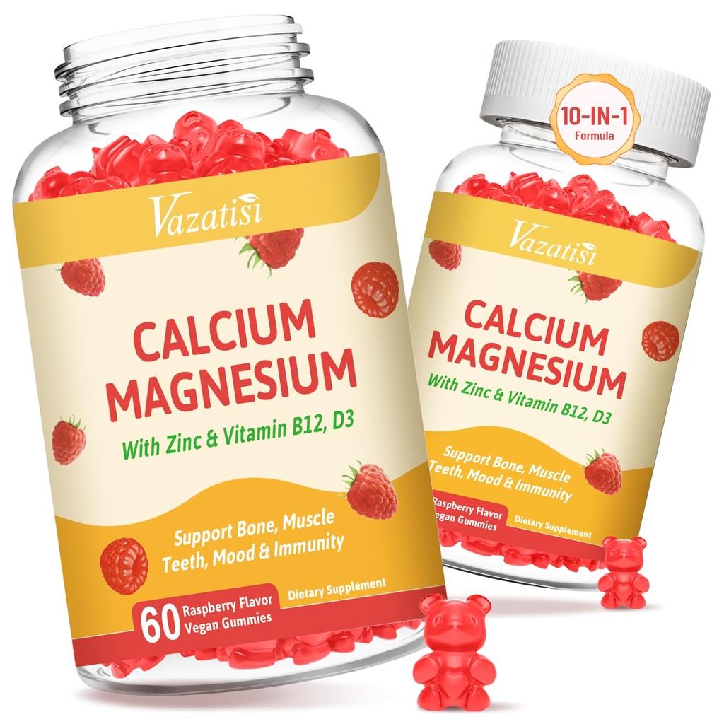 2 Pack Calcium Gummies met Magnesium, Zink, Vitamine D3 & B12, Calciumsupplementen voor vrouwen Mannen, Ondersteuning Bot, Spier en Immuniteit, 120 Vegan Raspberry Flavor Gummies