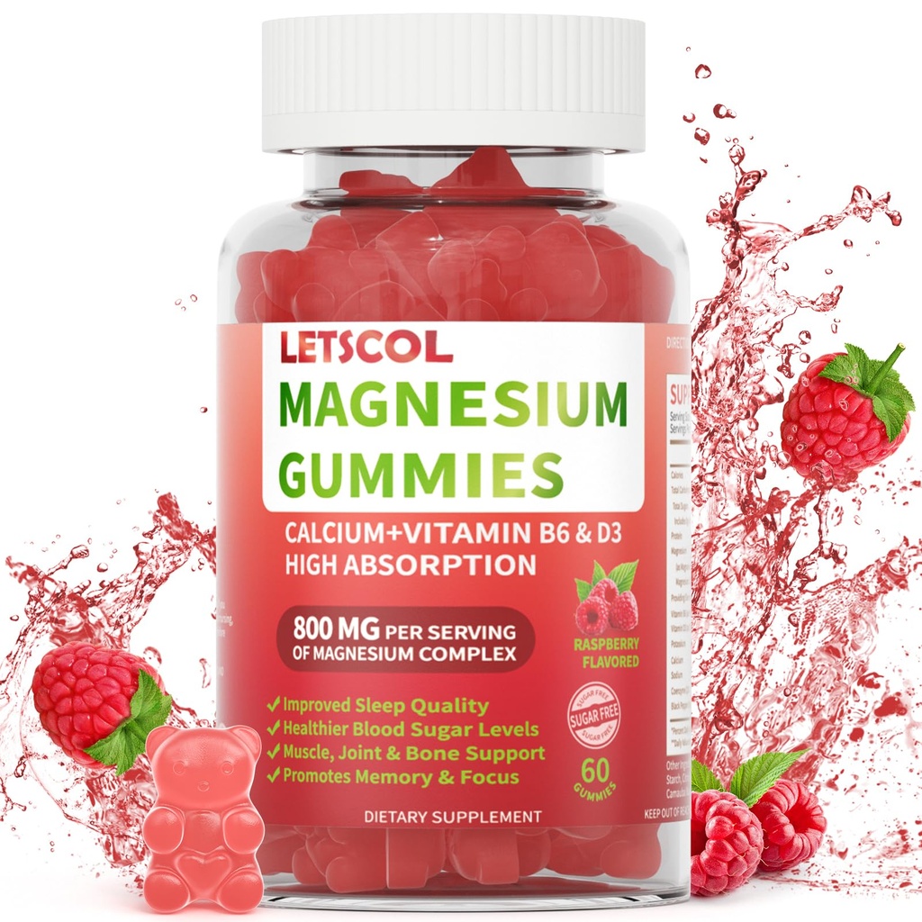 Magnesium Glycinate Gummies 800mg per portie, Suikervrij Magnesiumsupplement met Magnesium Malaat, Calcium, Vitamine D3, B6, CoQ10 voor Kalm Ondersteuning & Slaap voor Volwassenen Kinderen