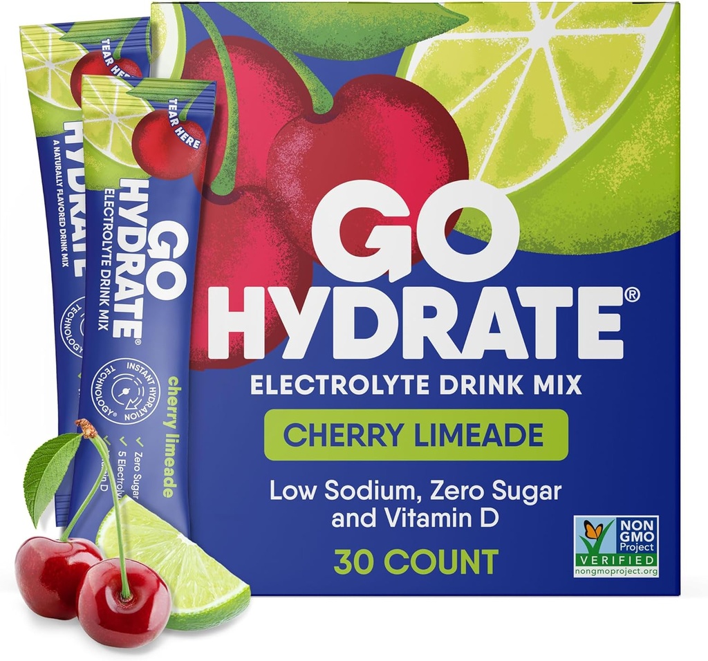 GoHydrate Low Sodium Electrolytes Powder Packets Sugar Free - Instant Hydration Dagelijkse Drink Mix - Zero Sugar Water smaak Packet Singles met Vitamine D - (Cherry Limeade, 30 Packs)