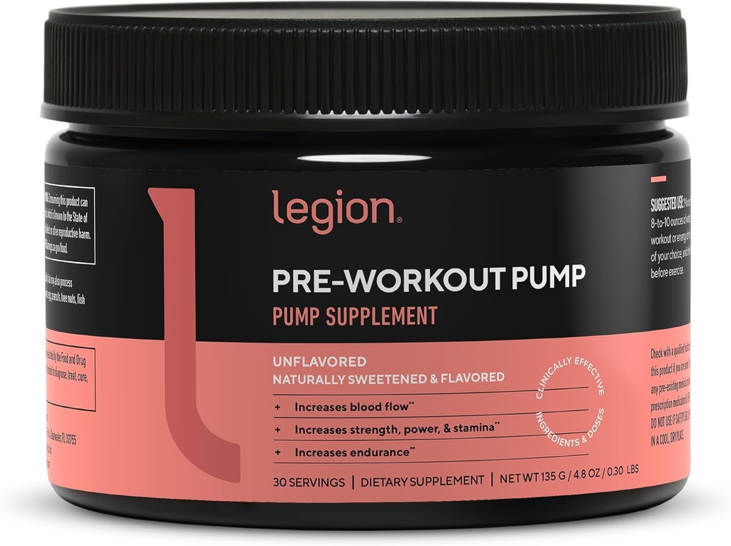 LEGION Pre Workout Pump - Arginine Supplement Boosts Nitric Oxidation Production - Nitric Oxidion Booster helpt verhogen sterkte & uithoudingsvermogen, bevordert verbeterde spierefficiëntie (ongearomatiseerd, 30 porties)