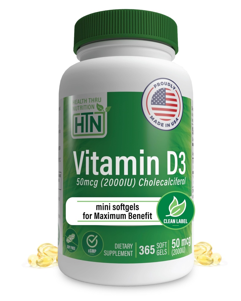 Gezondheid Thru Voeding Vitamine D3 2000iu 365 Mini Softgels voor Maximale Voordelen  Graad in EVOO