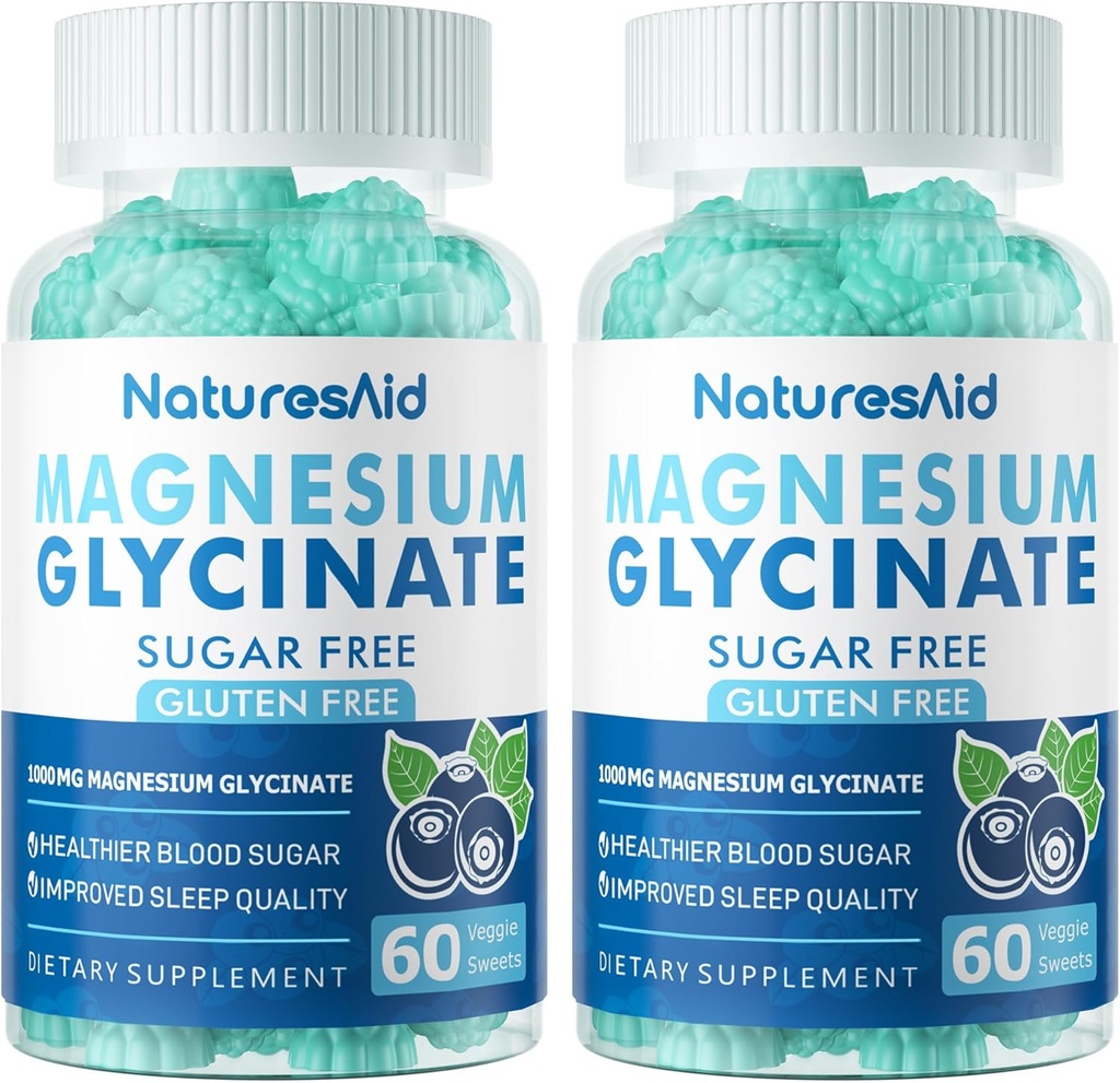 Magnesium Glycinate Gummies 1000mg - Suikervrij Magnesium Kalium Supplement met Vitamine D, B6, CoQ10 voor Kalm Mood & Slaap Ondersteuning - 120 Blueberry Gummies -2 Pack